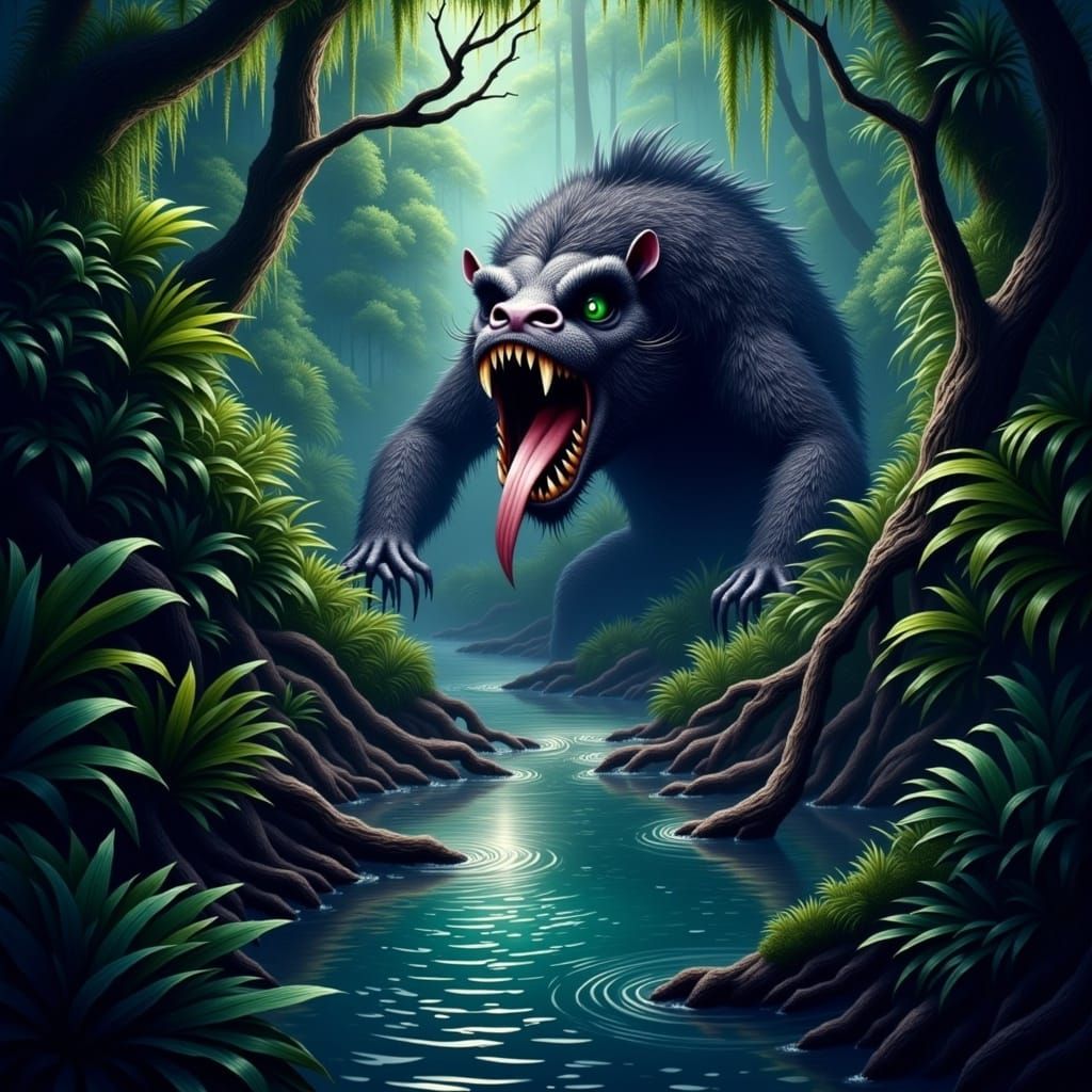 Caipora Cultist in Rainforest River: Digital Illustration