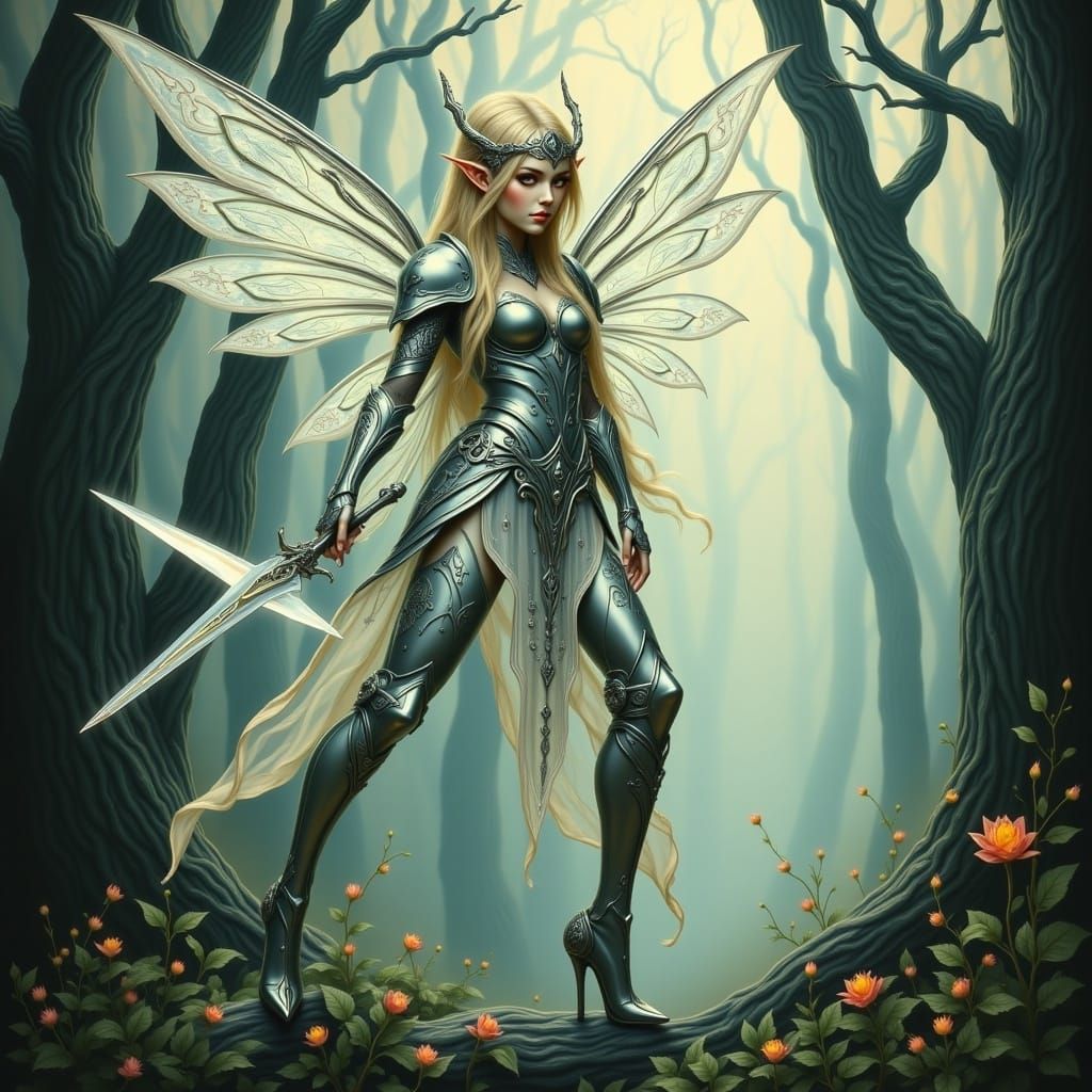 Majestic Fairy Warrioress in Whimsical Fantasy Style