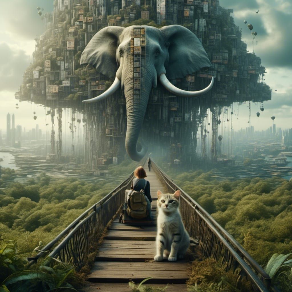 Cyberpunk Tower of Babel with Elephant Pirate Ship