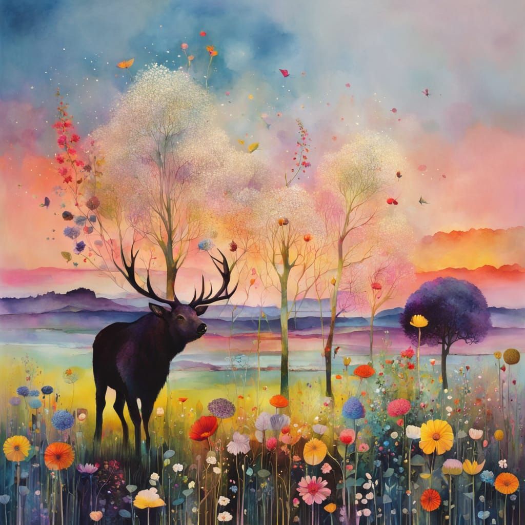 Surreal Wildflower Illustration with Cubist Details