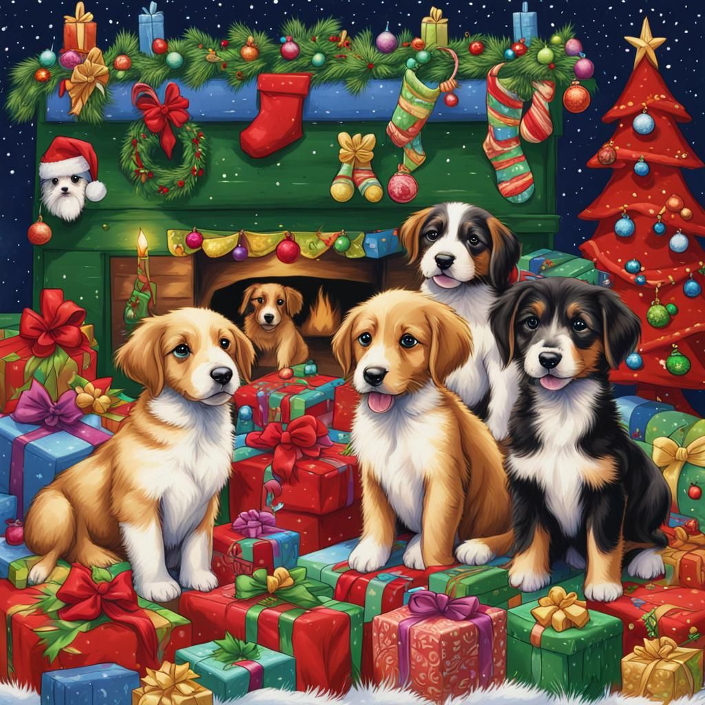 Puppies Celebrate Christmas in Colorful Tapestry Style