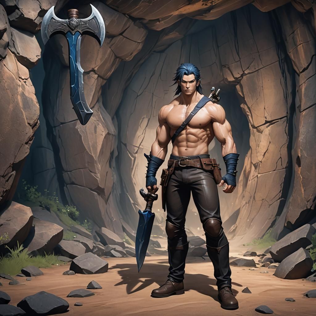 Muscular Man with Axe at Cave Entrance in Anime Style