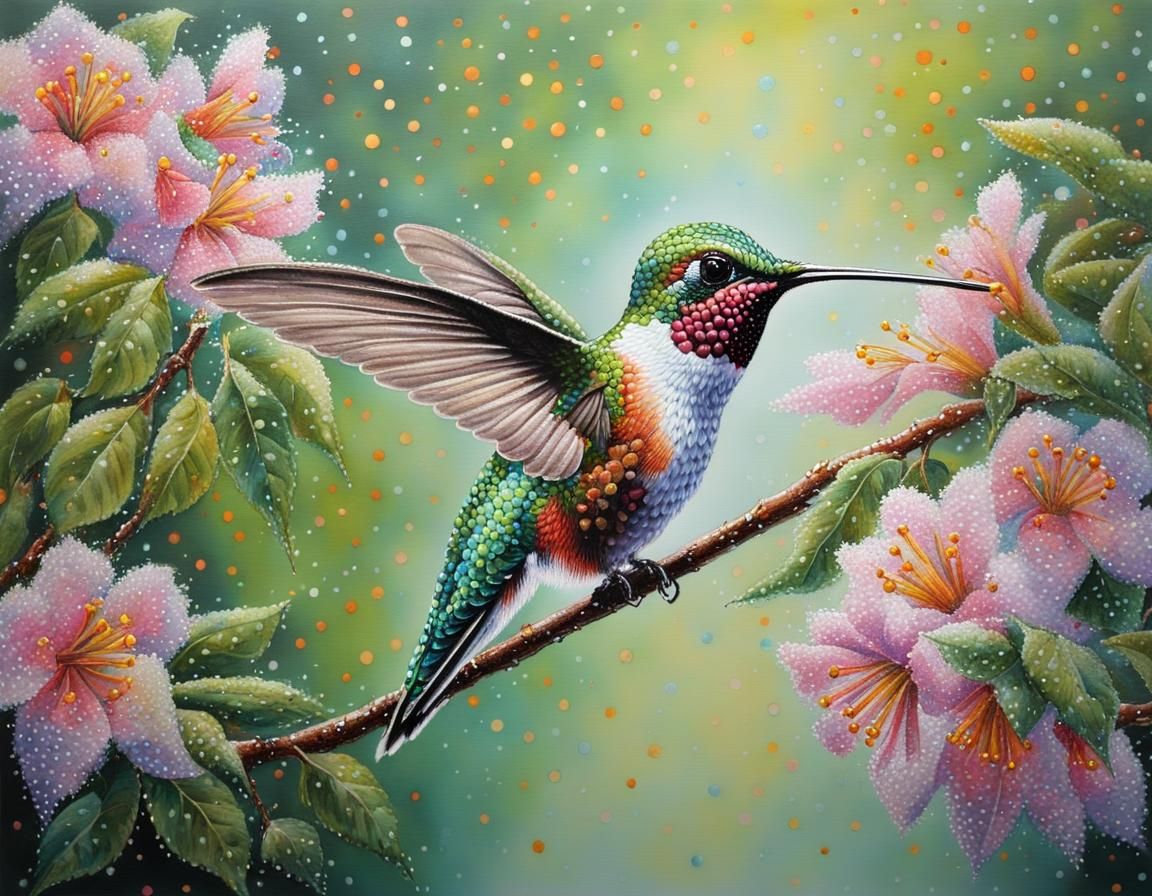 Hummingbird on Branch in Pastel Pointillism