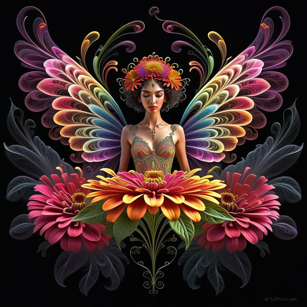 Zinnia Fairy with Fractal Feathers in Gothic Art