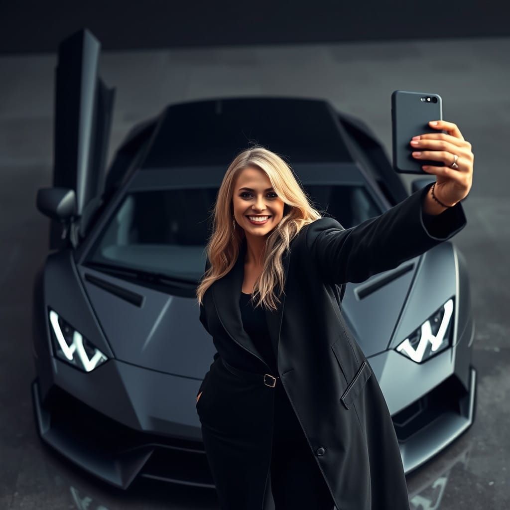 Sleek Women Admire Luxury Matte Black Lamborghini in High-En...