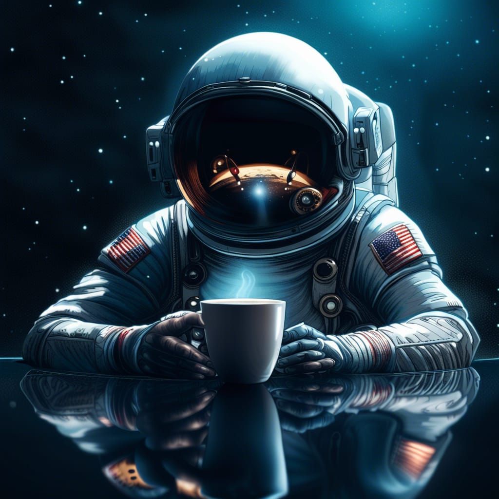 Astronaut Kneeling on Water with Coffee, Soft Lighting