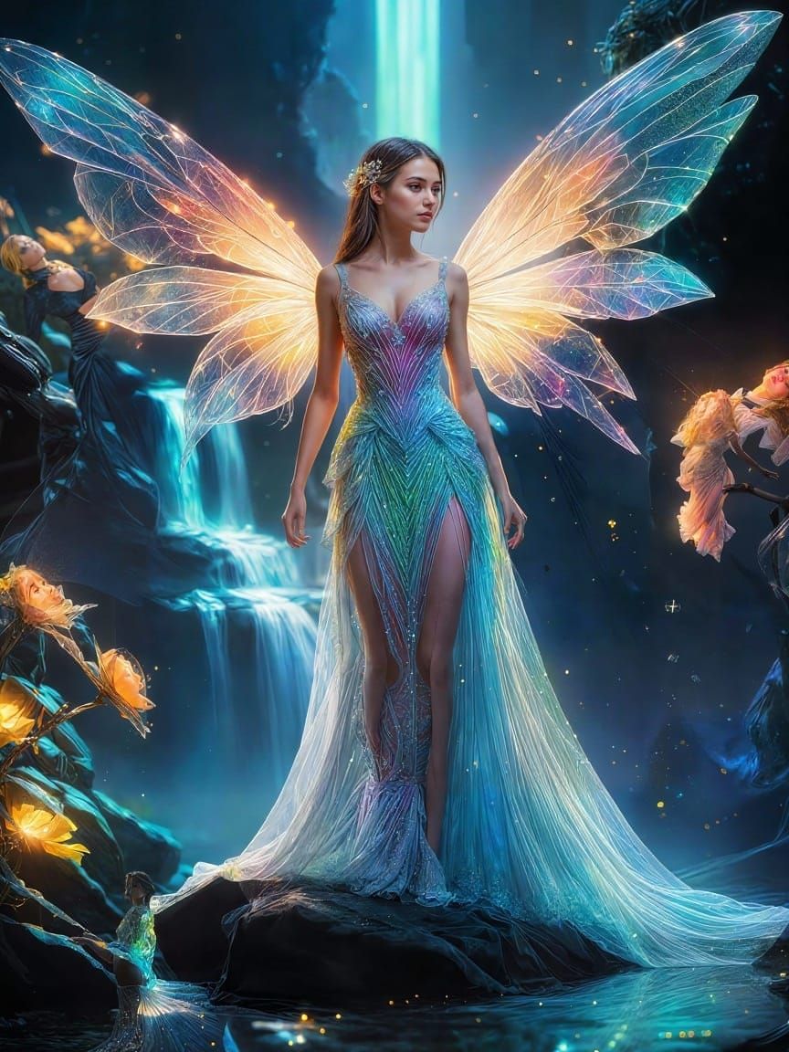 Fairy Overlooking Waterfall Under Full Moon