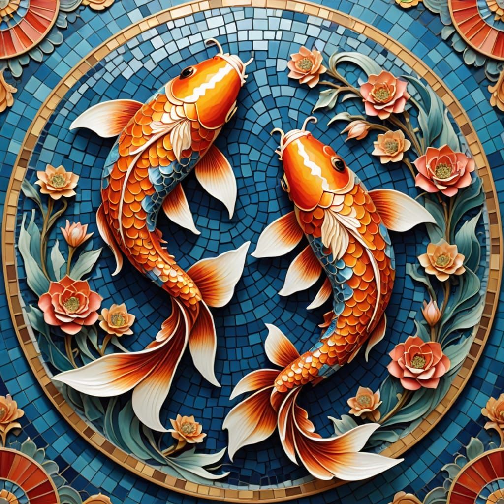 Stunning Byzantine-Inspired Koi Fish Mosaic in Vibrant Color...