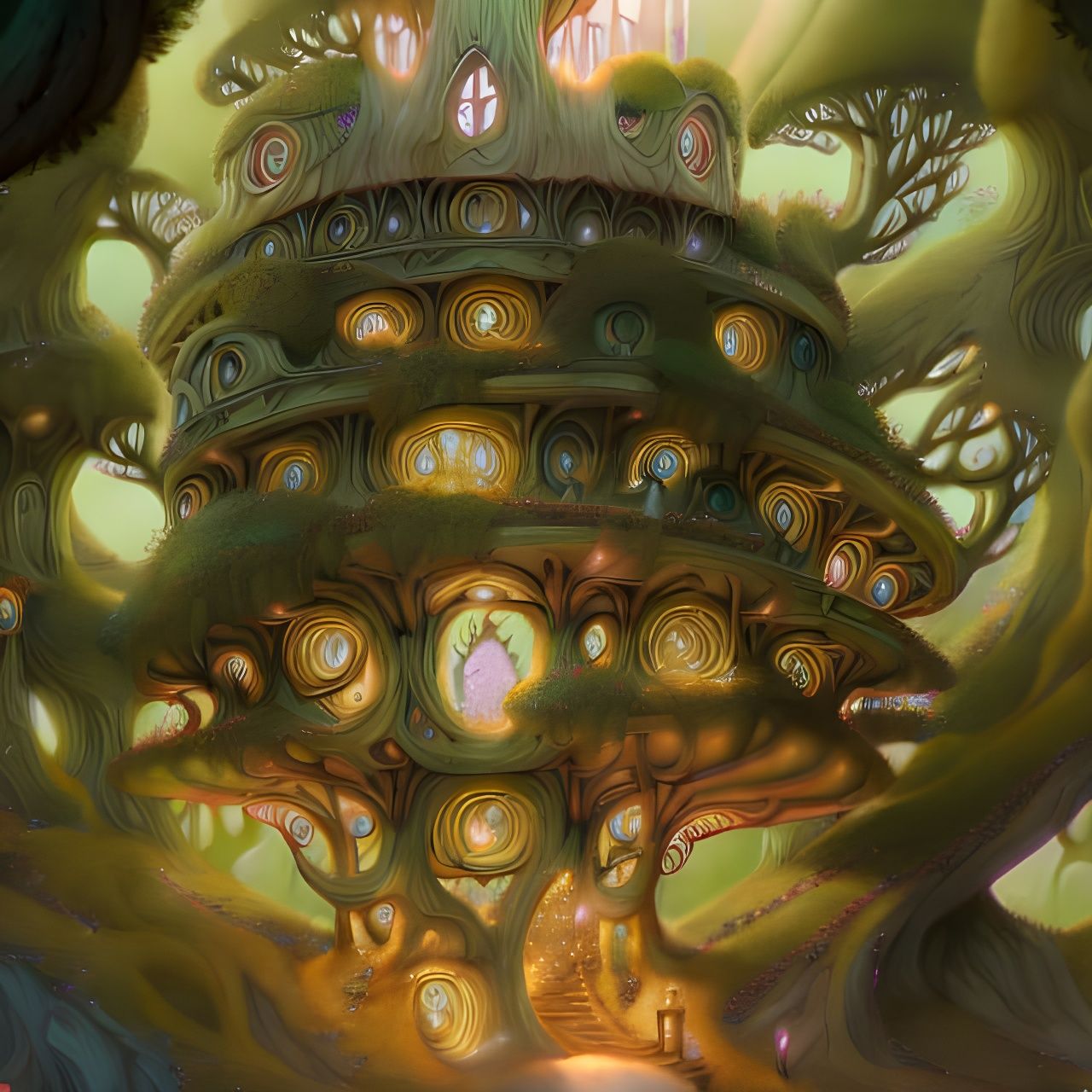 Fairytale Treehouse Stairway Illustration in Art Nouveau Sty...