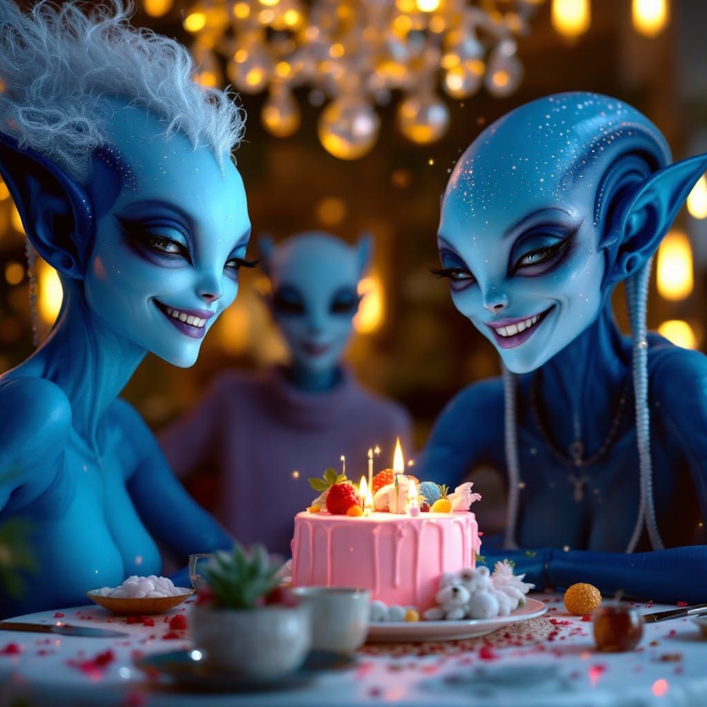 Smiling Aliens Celebrate: Hyperrealistic Bizarre Art