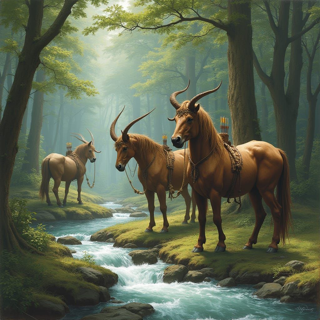 Mythical Centaurs Gather in a Lush Forest Glen