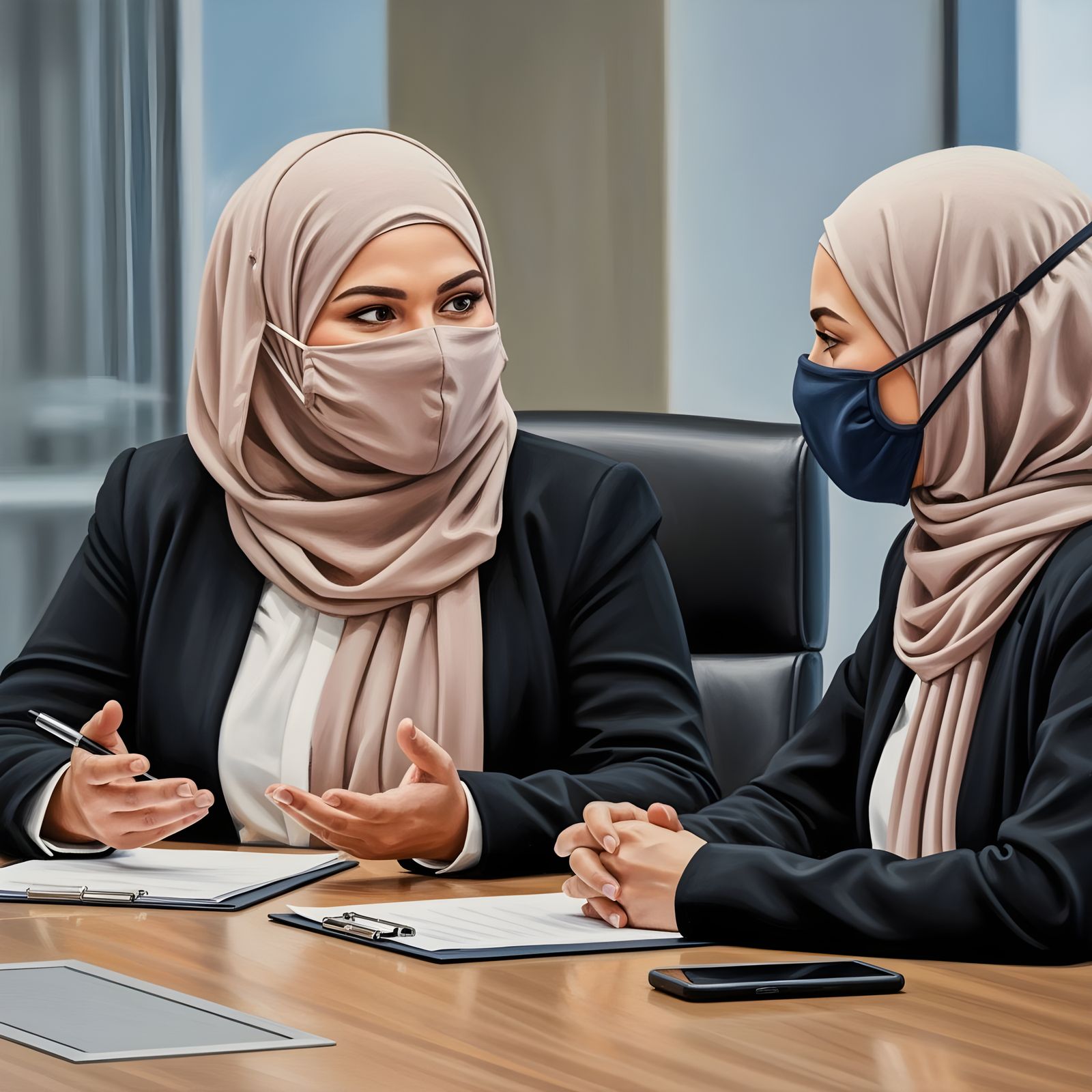 Confident Businesswomen in Hijabs: A Portrait Painting