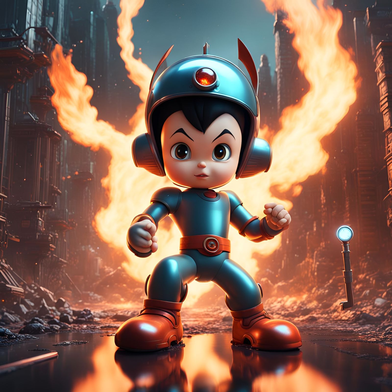Astro Boy Burning Fuel: Detailed Matte Painting