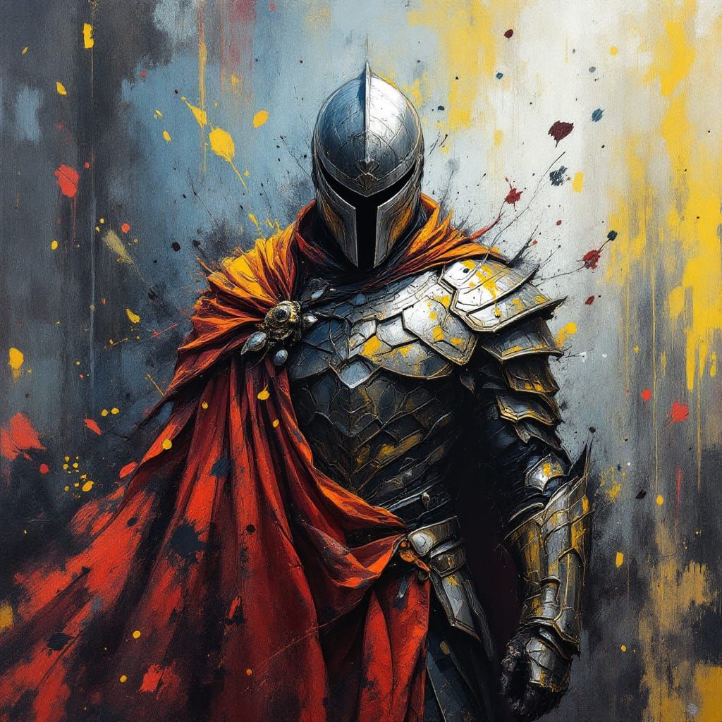 Armored Warrior in Ink Splatter, Gouache Style