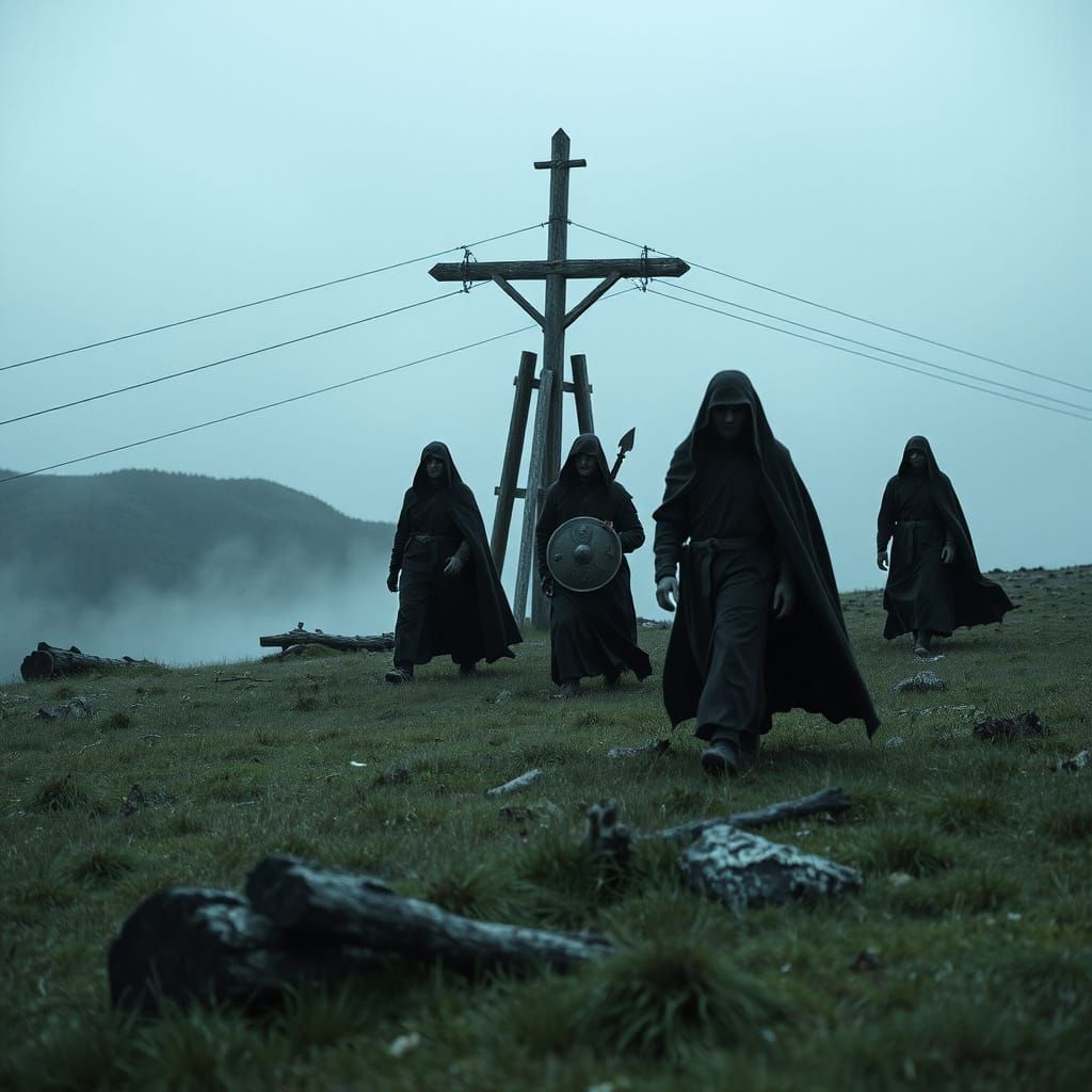 Misty Mountain Meadow Walkers in Impressionistic Style