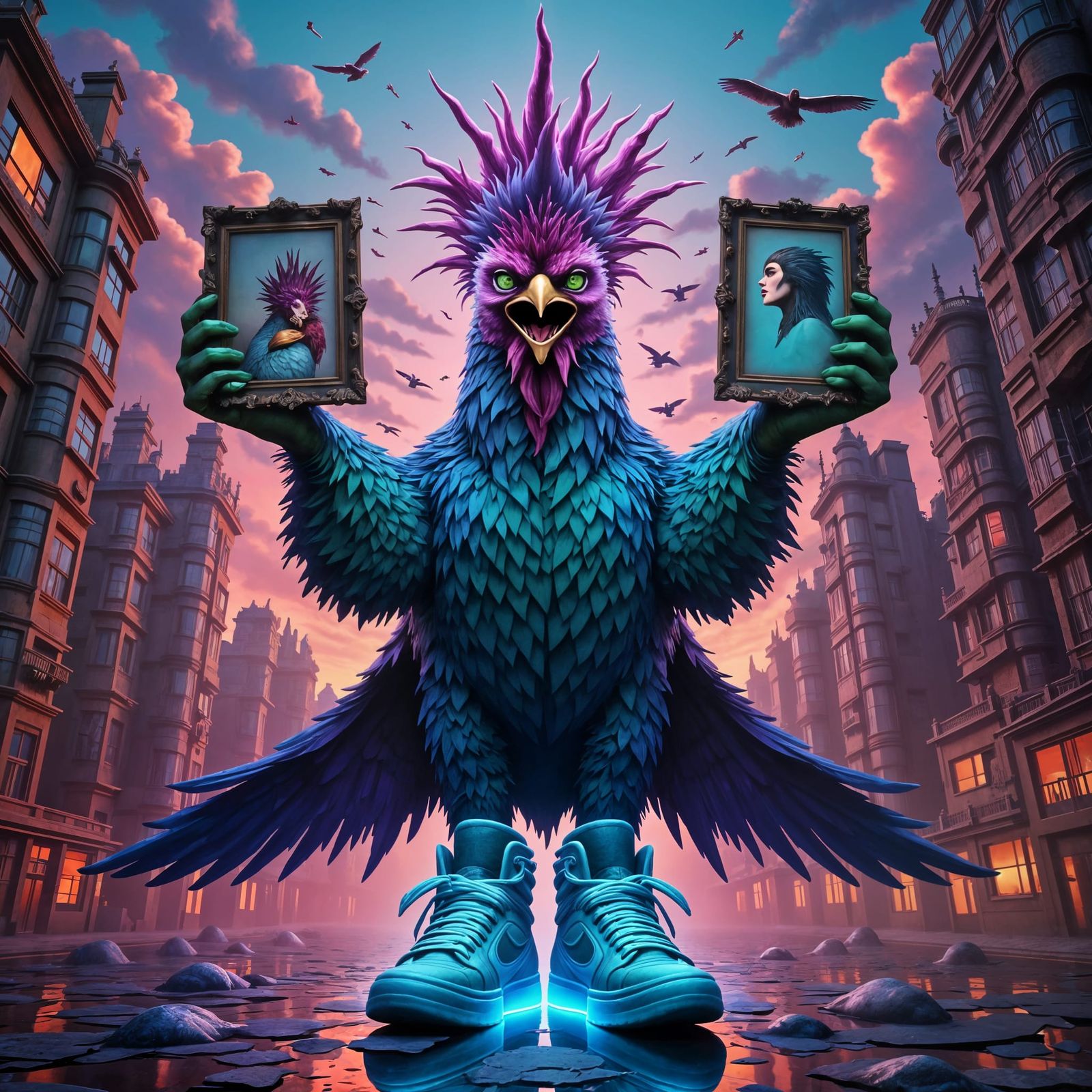Cyberpunk Chocobo Portrait in Neon Retro Style