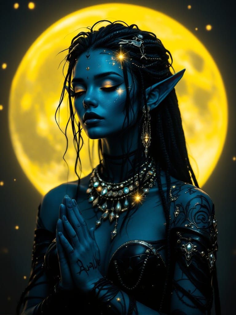 Blue-Skinned Angel with Glowing Eyes and Tattoos