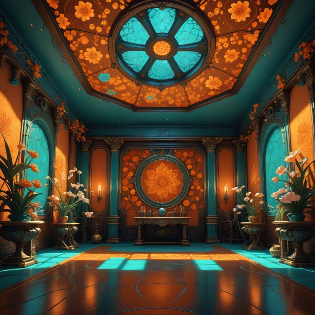 Dreaming Chamber: Impasto Interior in Orange and Teal