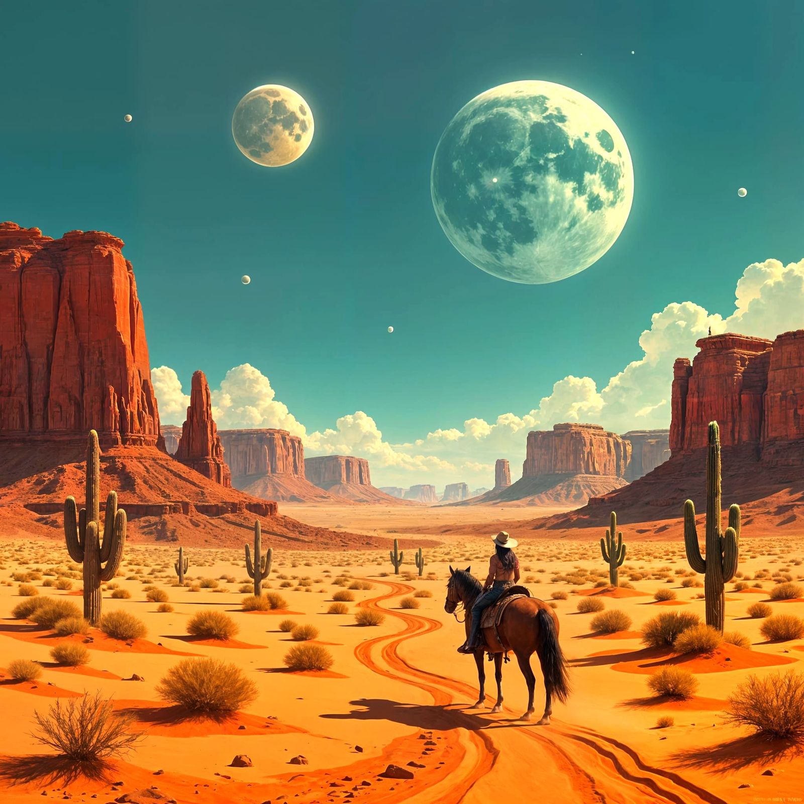 Cowgirl Rides Through Alien Desert Landscape with Two Moons
