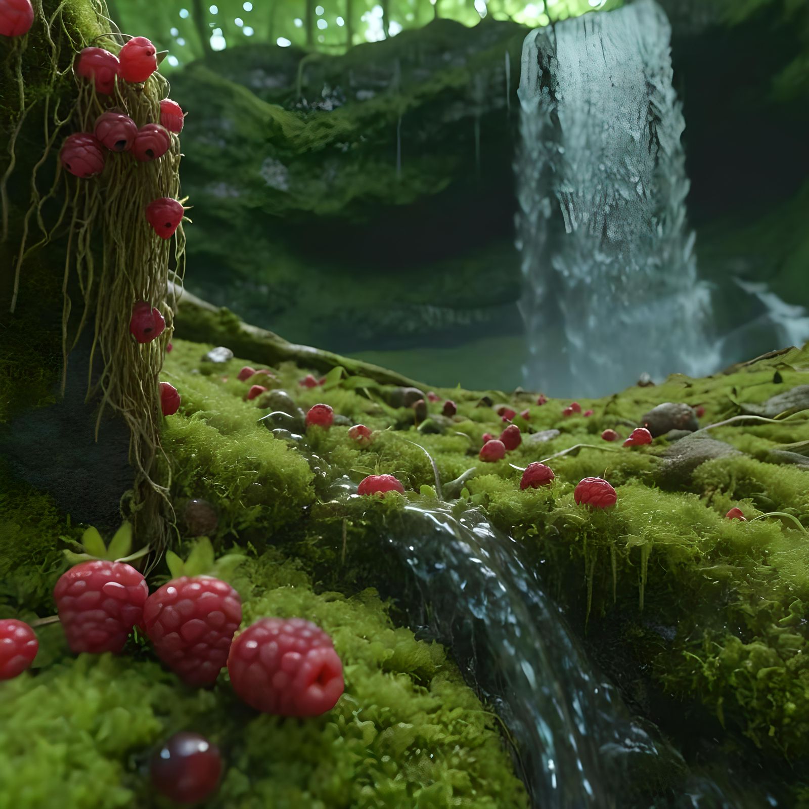 Fairy Foraging for Berries by Waterfall