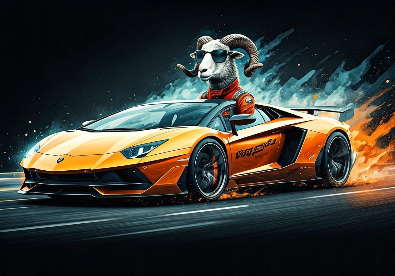 A sheep driving a Lamborghini