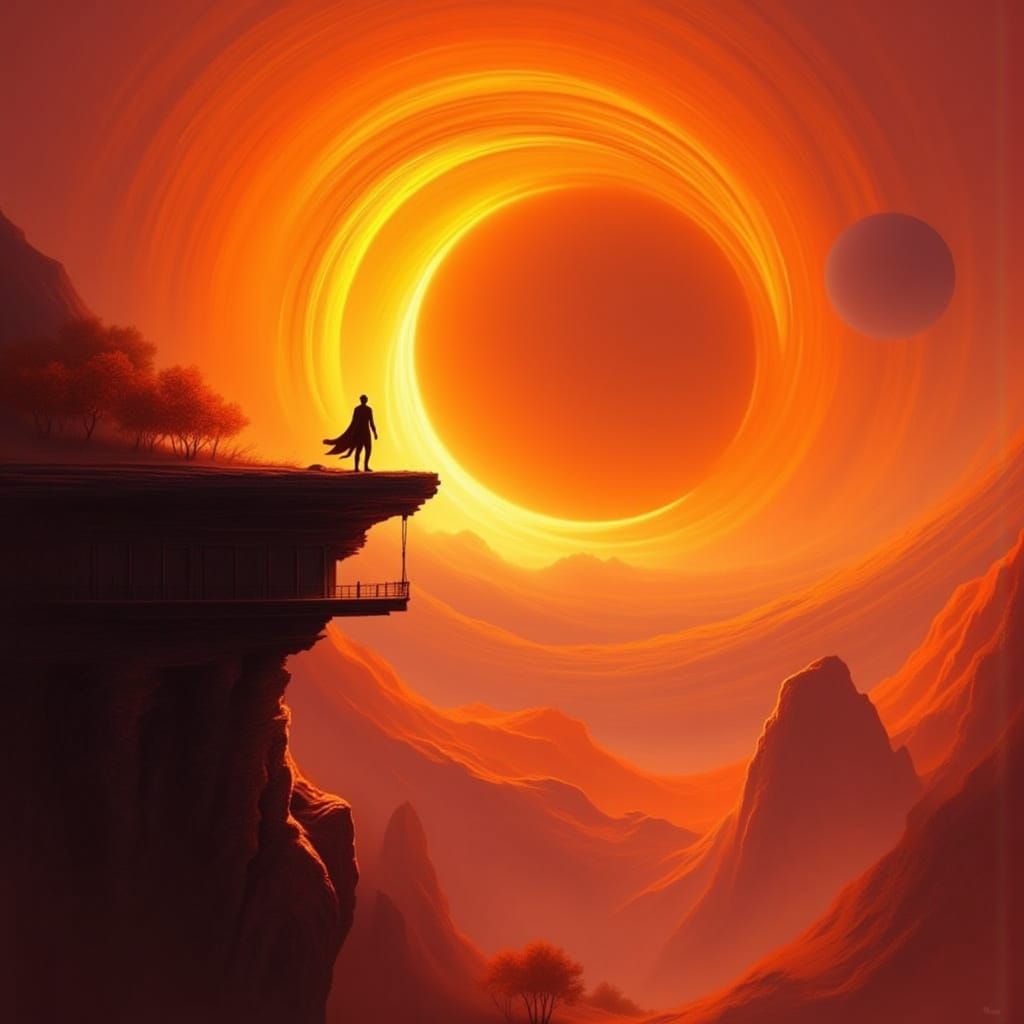 Lone Figure Overlooks Tangerine Gas Giant