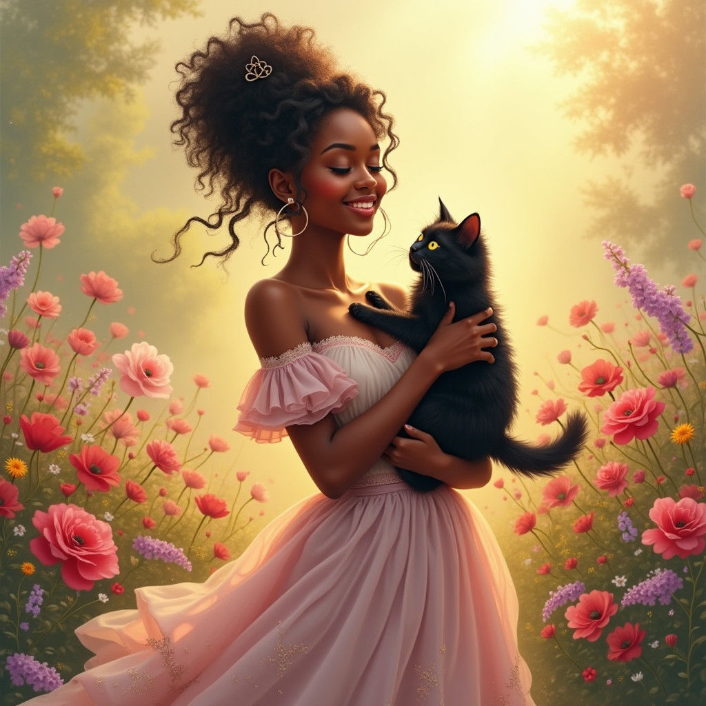 Serene Woman with Cat in Kinkade Style