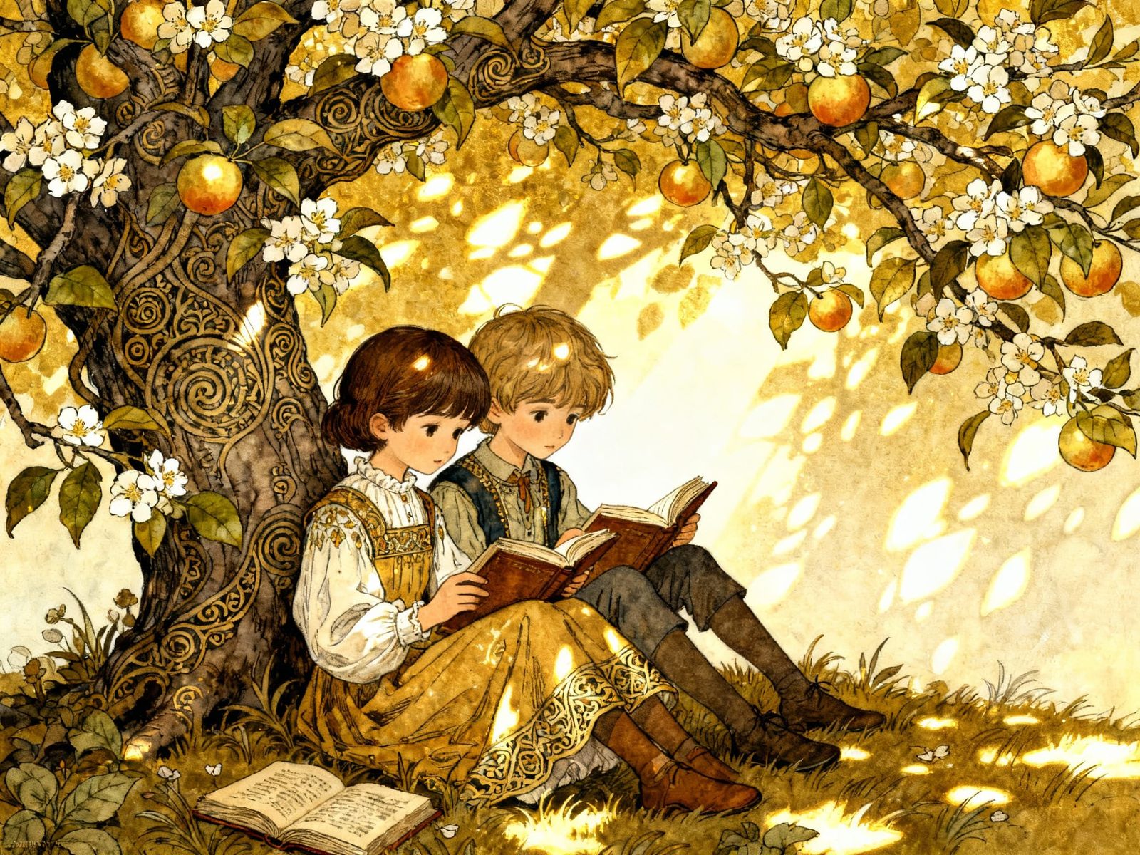 Siblings Reading Under Blossoming Tree, Intricate Whimsical ...