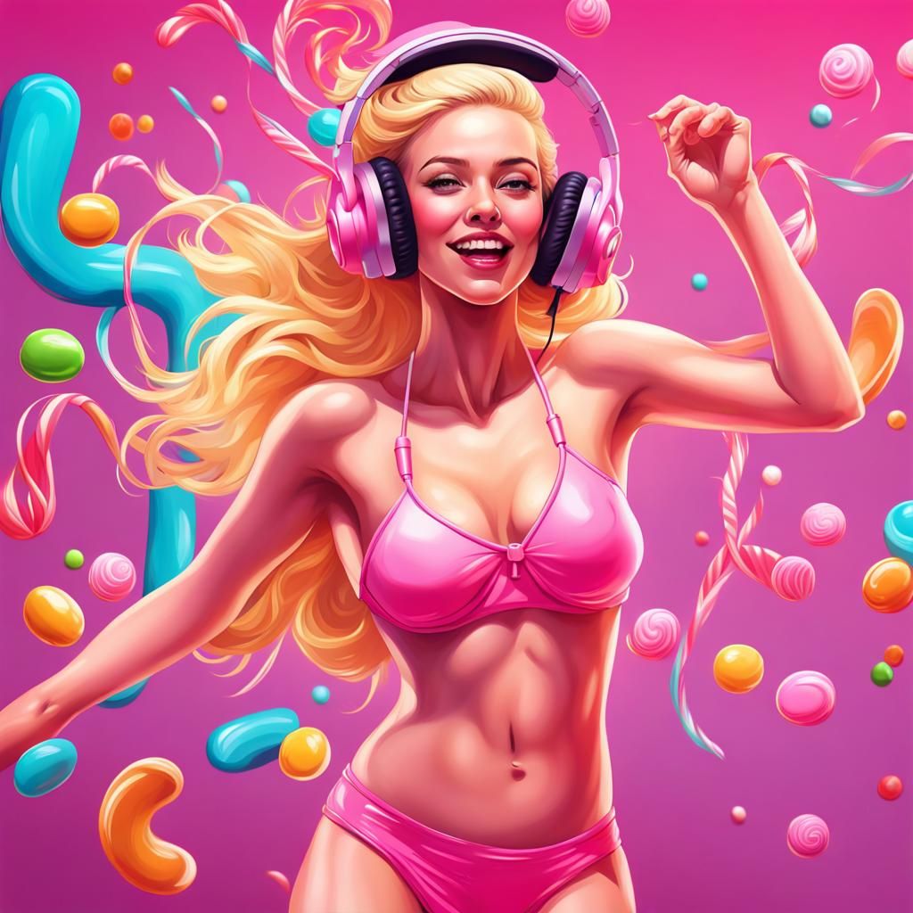 Blonde Girl Dancing in Pink Bikini, Candy Art Style