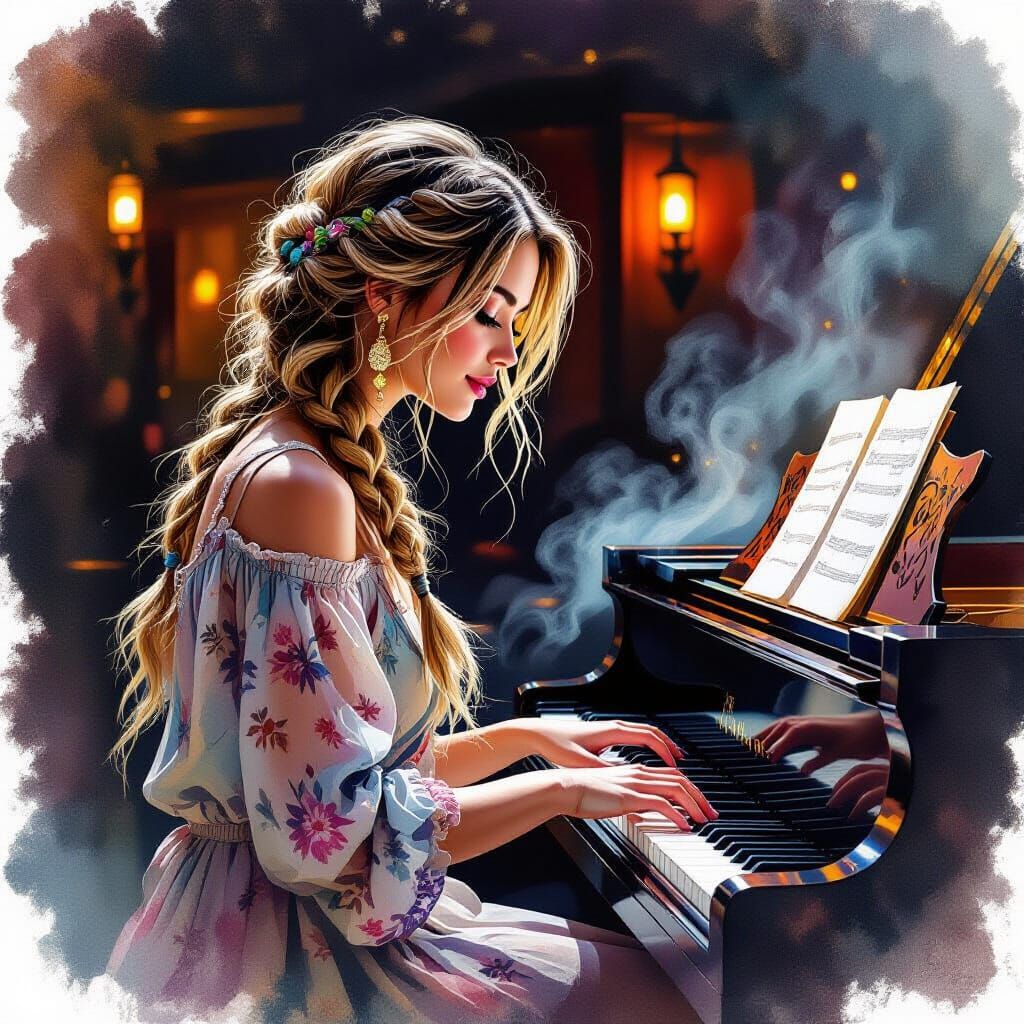 Woman Playing Piano in Boho Style Watercolor