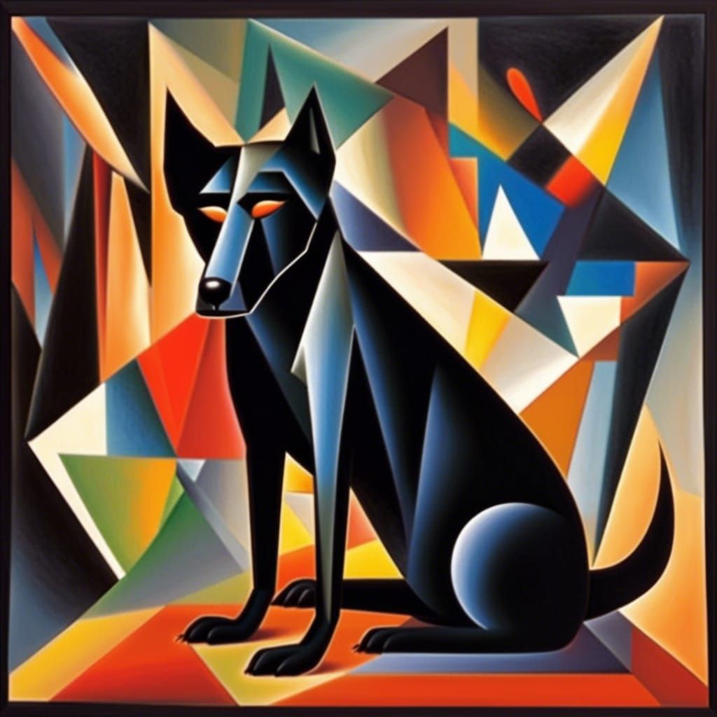 Meditative Black Dog in Abstract Cubism Style