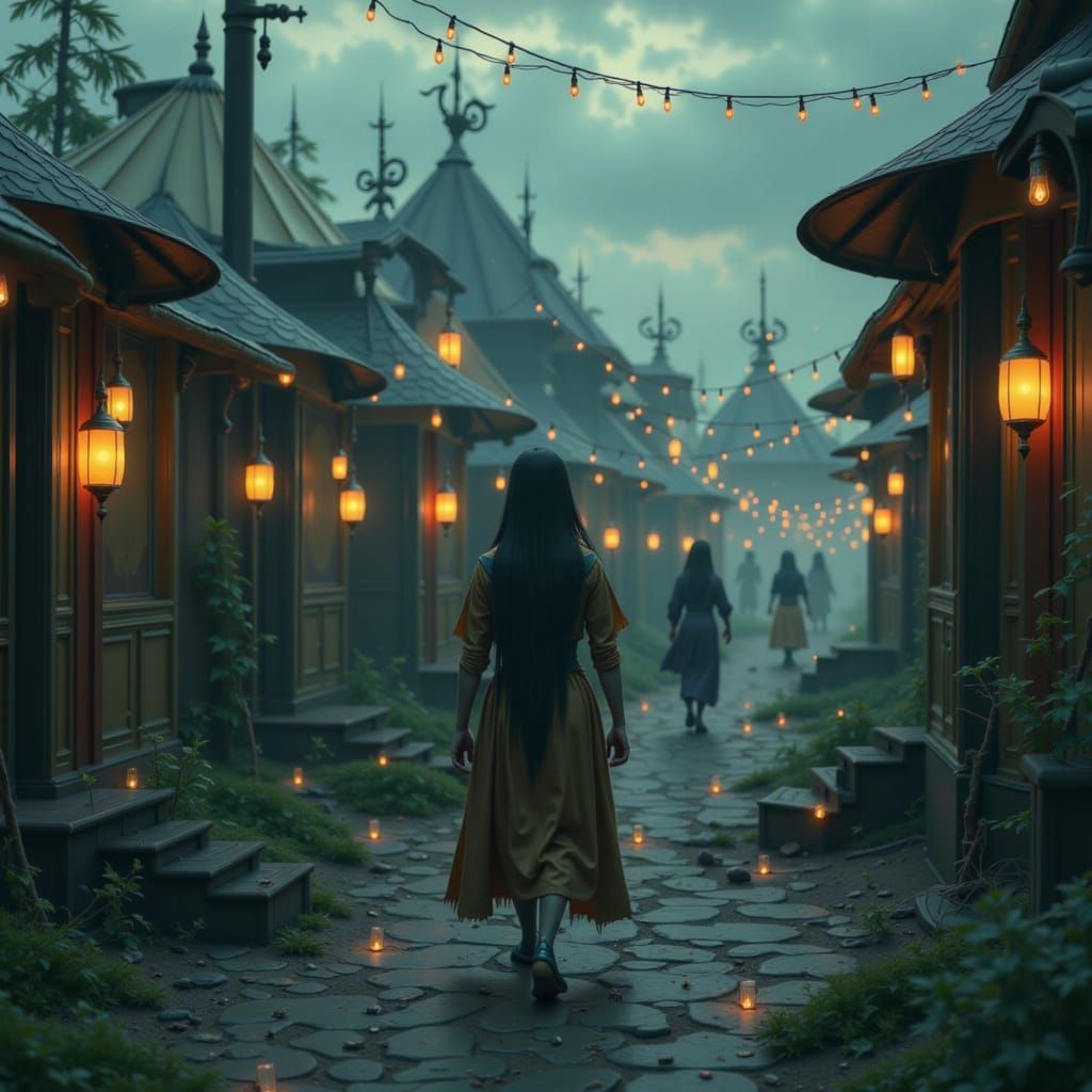 Mysterious Woman at Abandoned Carnival in Gothic Style