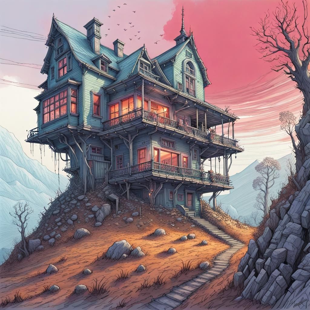 Futuristic Farmhouse on the Edge: Pen Drawing