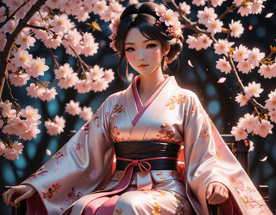 Anime Girl on Cherry Blossom Throne in 3D