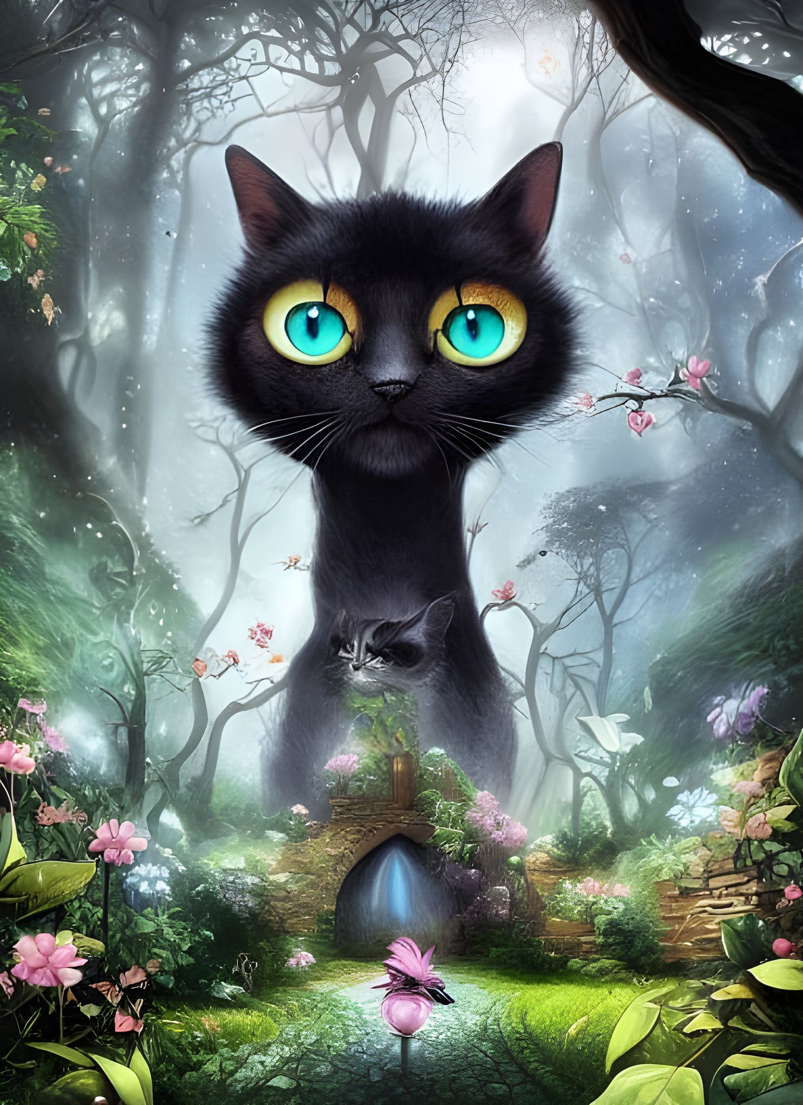 Happy Black Cat in Fairy Forest Illustration