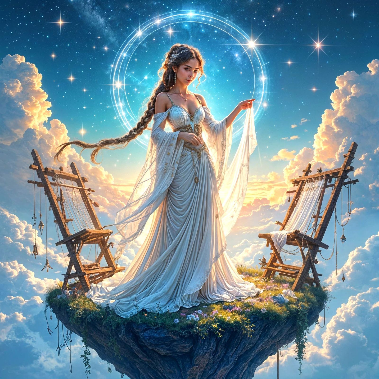 Celestial Seamstress Weaving Starlight Gowns in Hyper-Fantas...