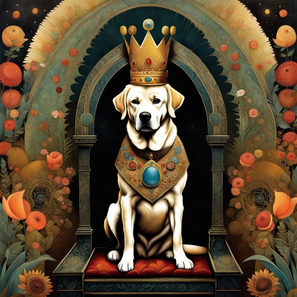 Dog King on Throne: Whimsical Folk Art