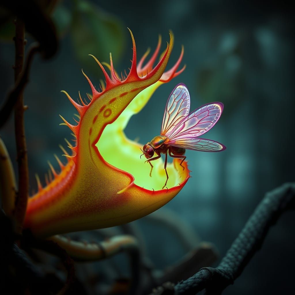 Ethereal Alien Botanical Captures a Glowing Iridescent Insec...