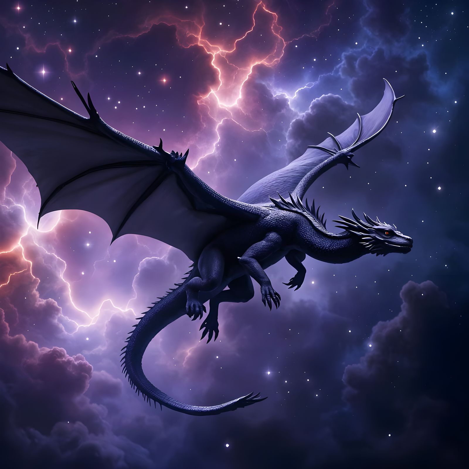 Ancient Obsidian Dragon Soars Through Nebula Cosmos