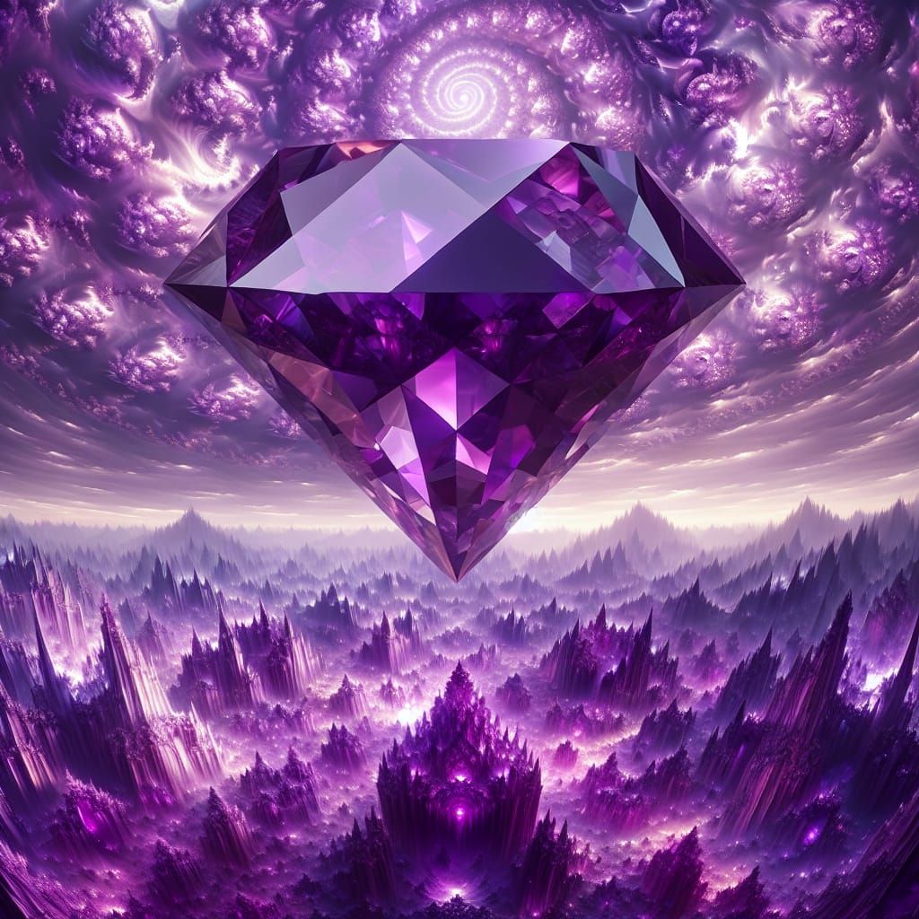 Surrealistic Amethyst Diamond Hovers in Purple Sky