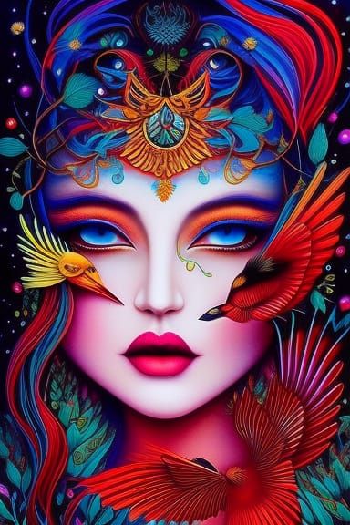 Fairytale Girl with Birds and Flowers in Magic Realism