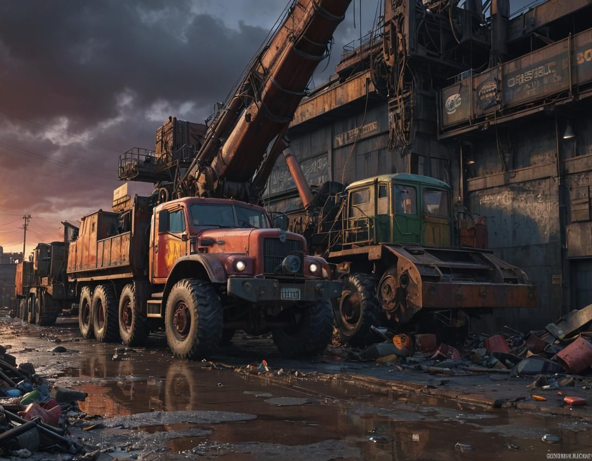 Dieselpunk Wrecking Truck at Industrial Port Sunset