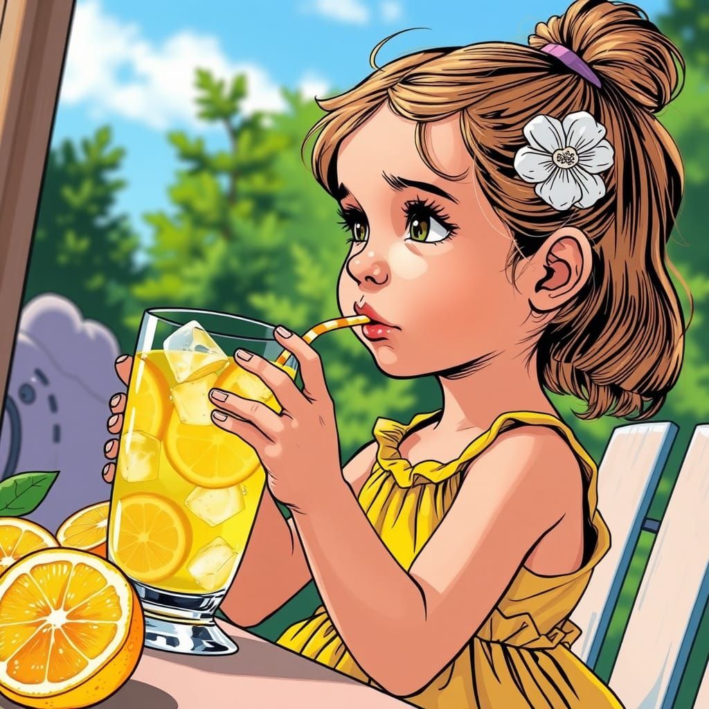 Girl Sipping Lemonade: Hyperrealistic Comic Book Art