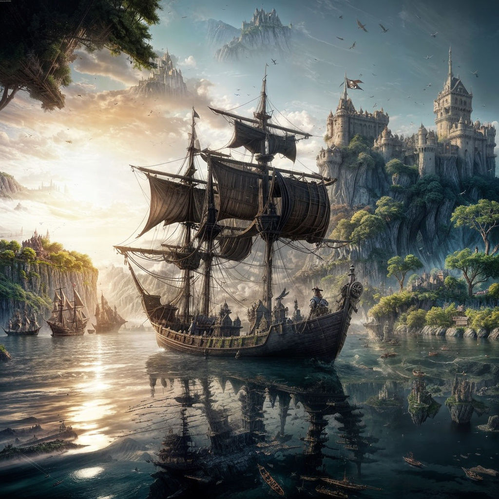 Pirates Sailing Towards a Distant Castle with Birds in the S...