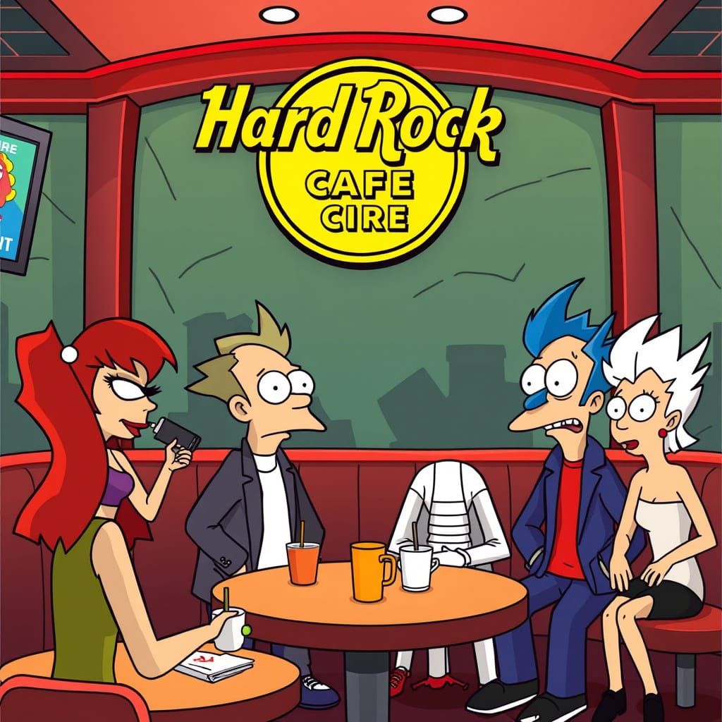 Futurama Characters in a Futuristic Hard Rock Cafe Setting