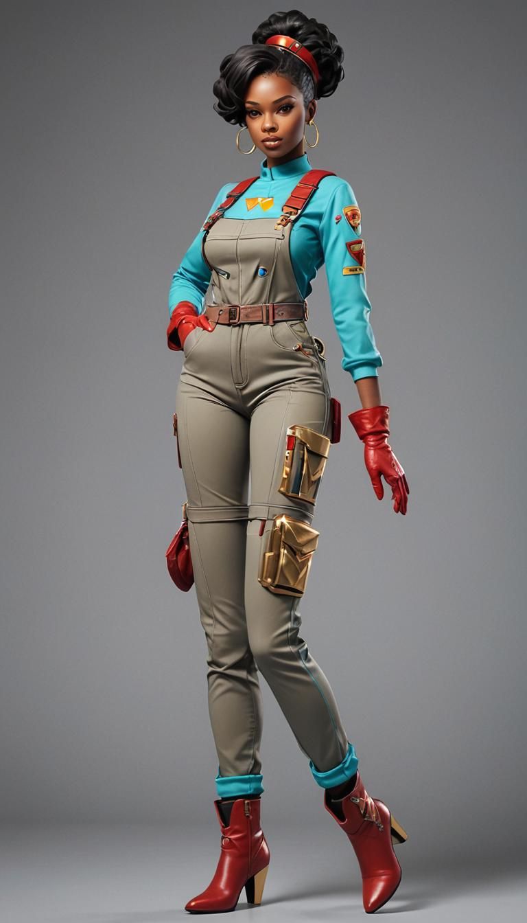 Dynamic African-American Girl in Cyan Blue Overalls