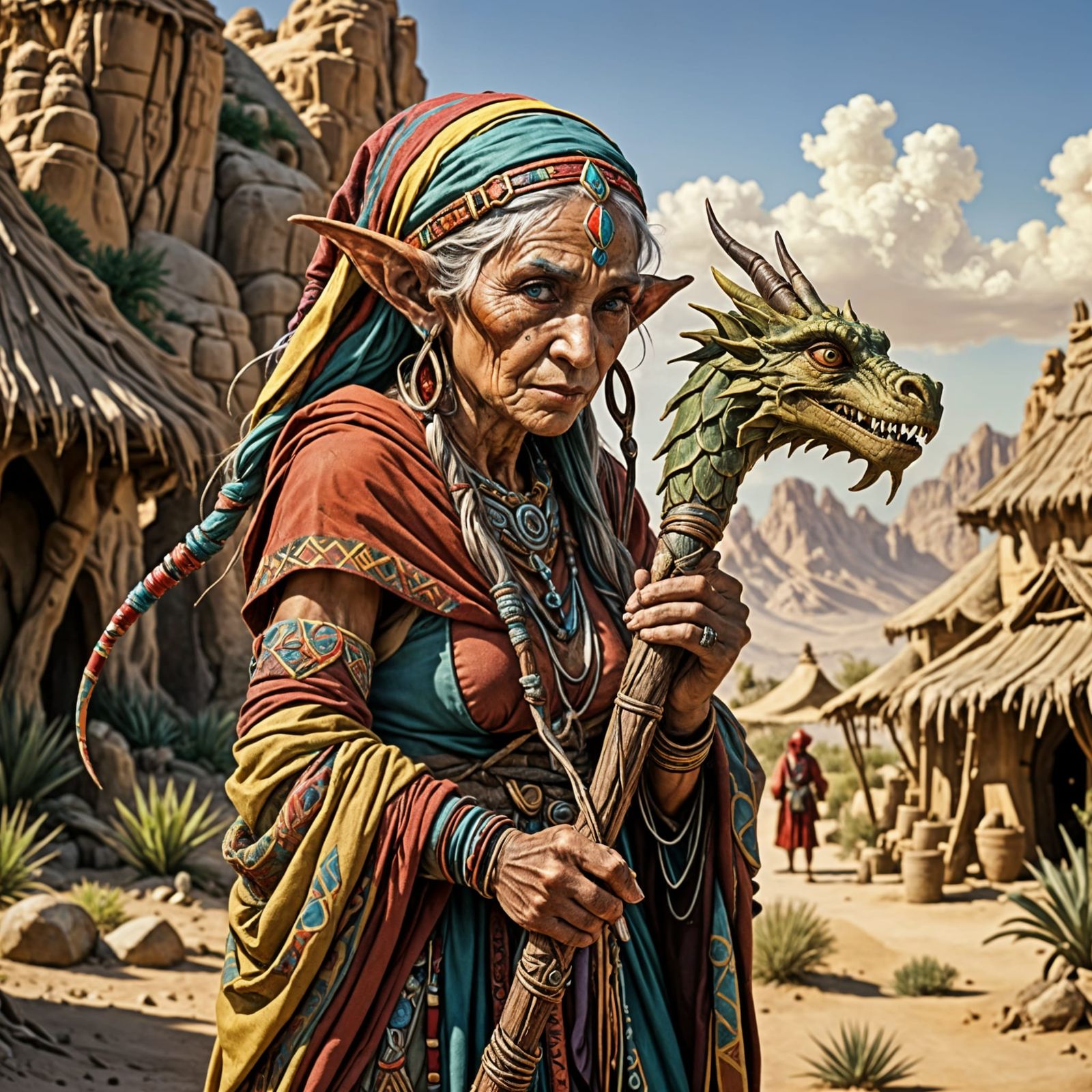Colorful Desert Tribal Elf Woman with Dragon Walking Stick