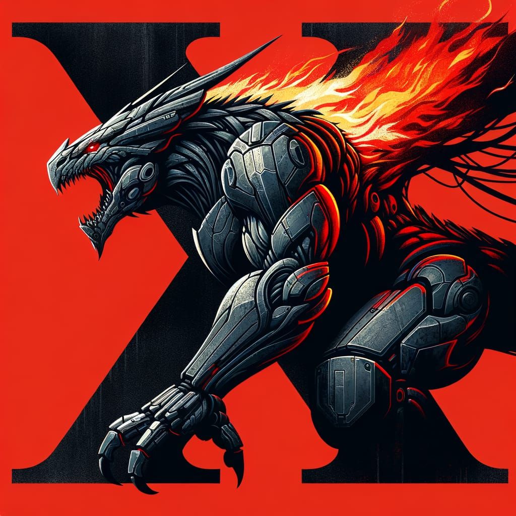 Dark Dragon Beast Against Flaming Red X