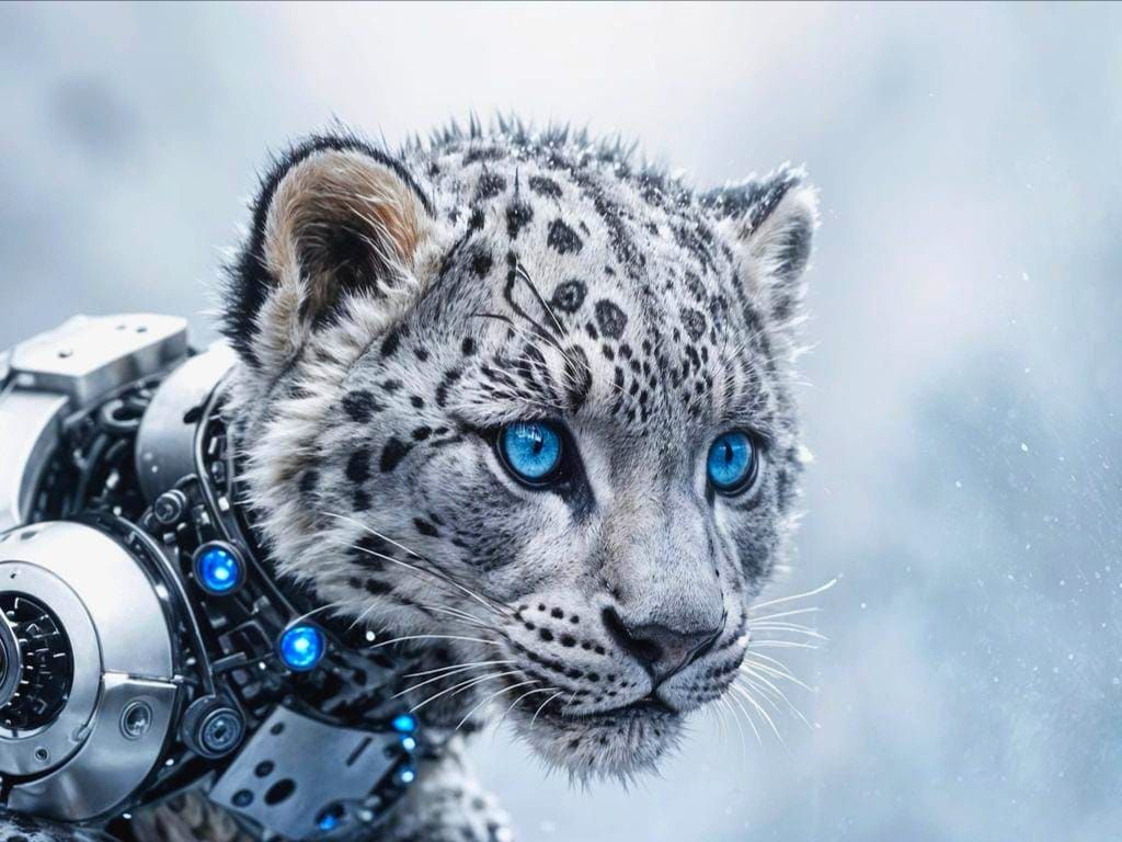 Photorealistic Newborn Snow Leopard Cyborg in Cityscape