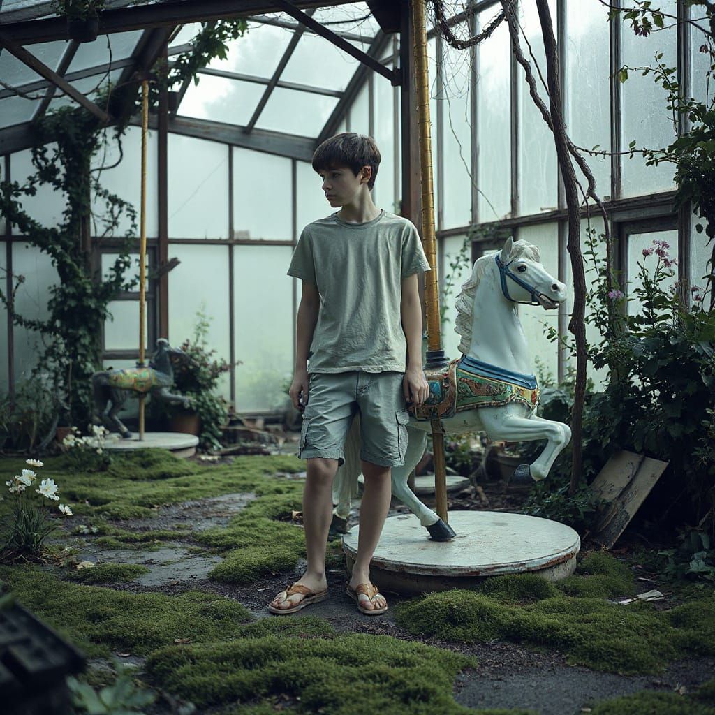 Ethereal Greenhouse Scene with Young Adult and Carousel Hors...